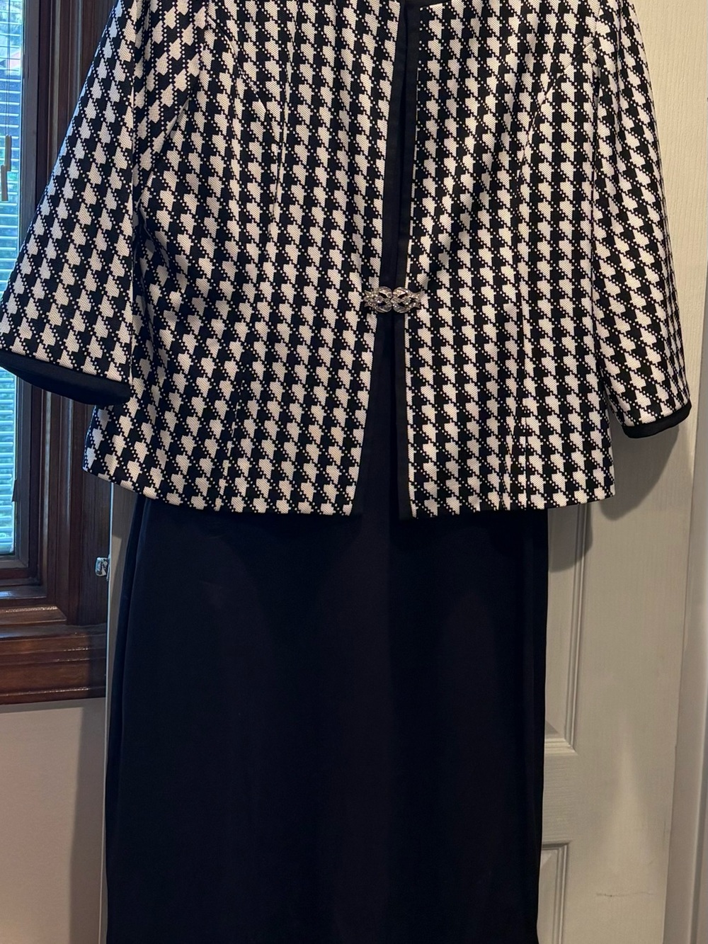 Black Midi Dress with Black-and-White Houndstooth Jacket